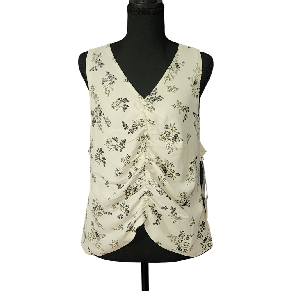 CeCe Floral Ruched V-Neck Blouse‎ Womens Large Buttercream Sleeveless Top NWT
